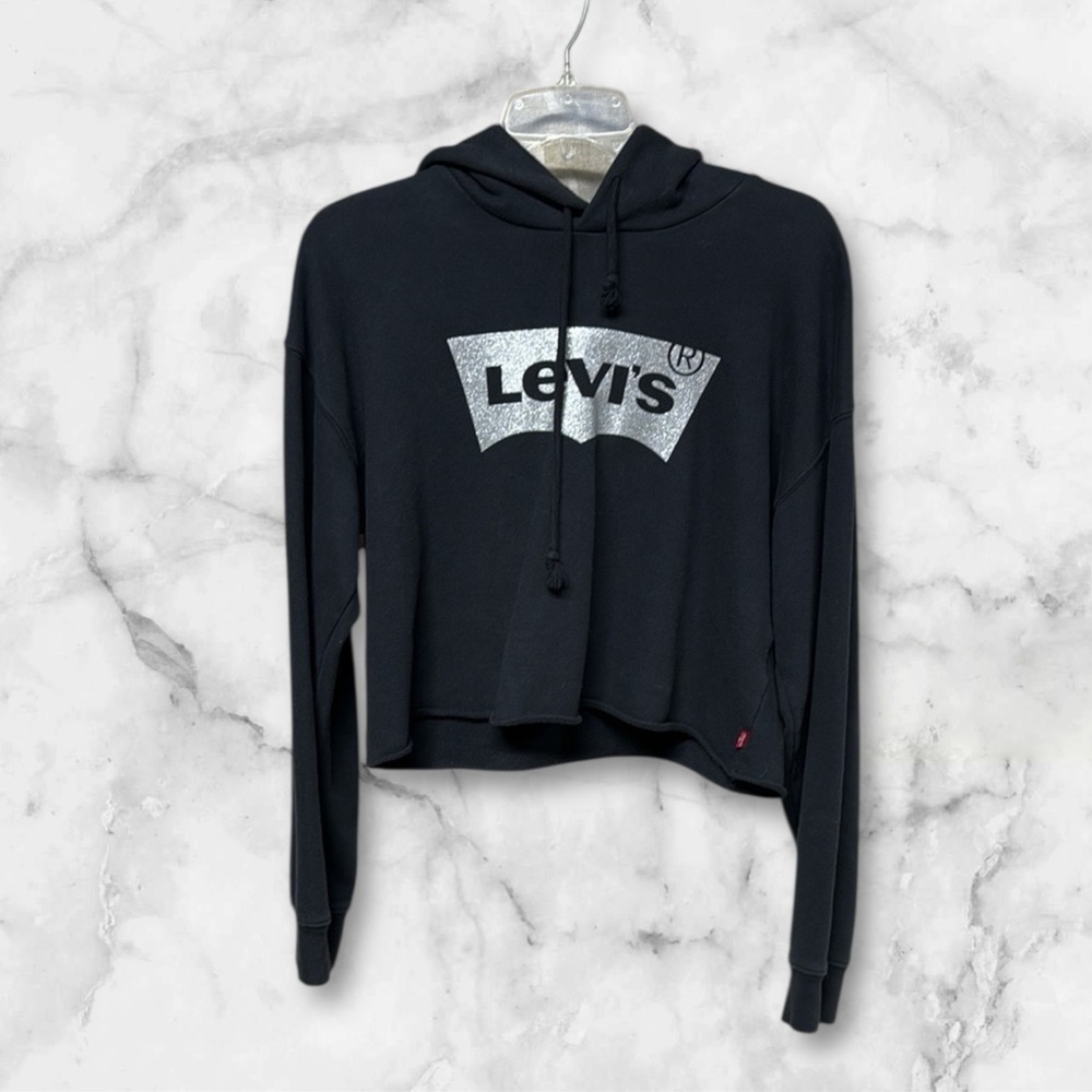 Levi's Black Cropped Hoodie with silver sparkly Logo sz XS